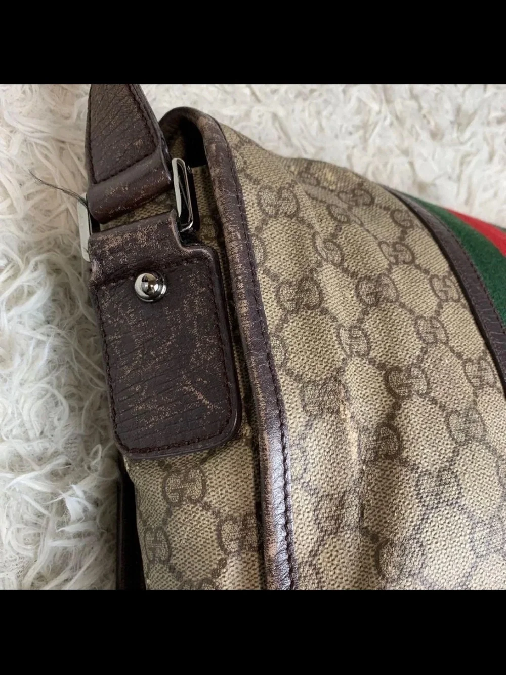 Gucci Brown Monogram Messenger Bag with Red & Green Center Stripe